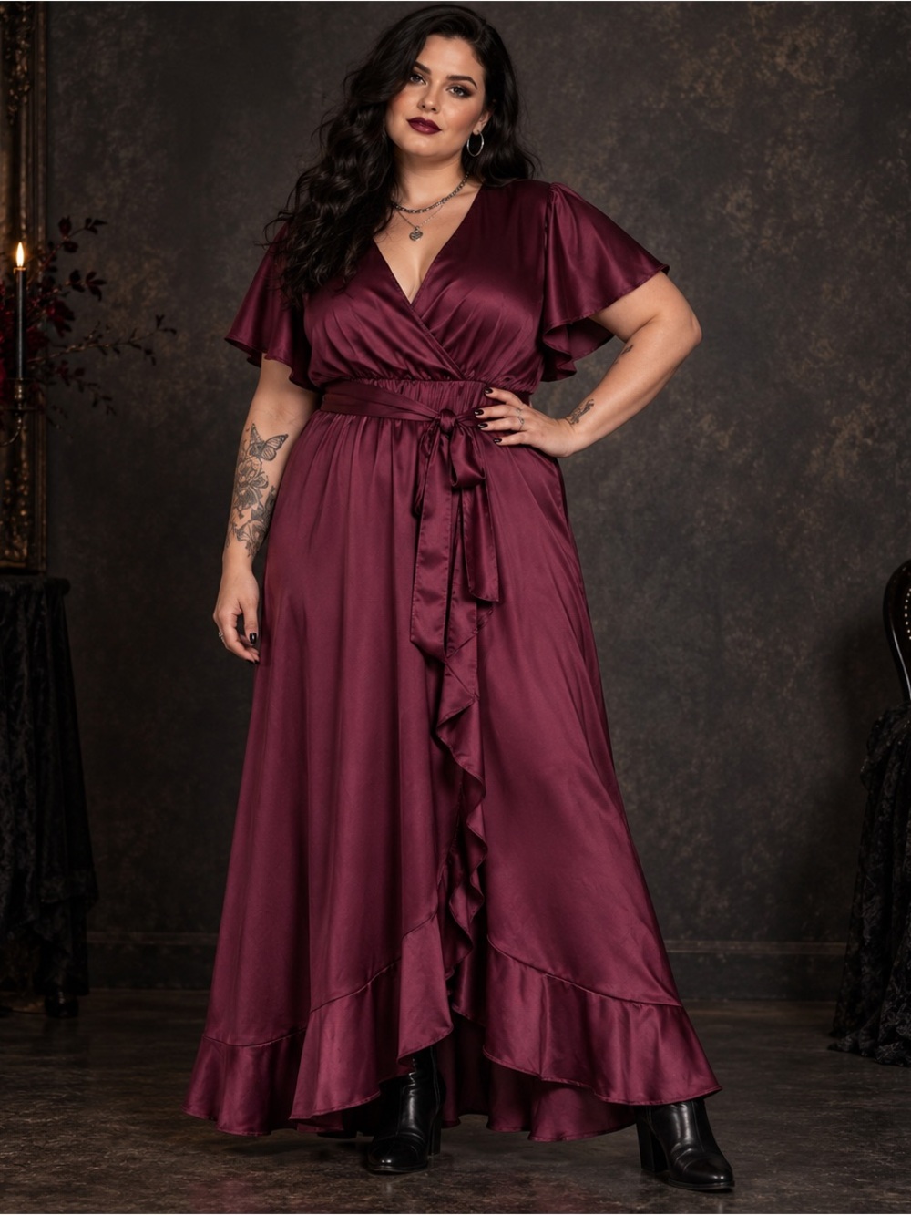 NWT Torrid Burgundy Satin Surplice Ruffle Maxi Dress Size 18 Dark Romantic